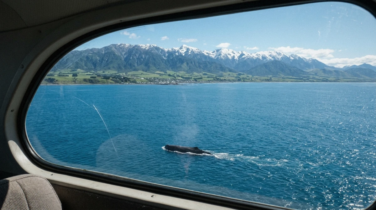 Aerial view of the Kaikōura coastline and Seaward Kaikōura Range during a Kaikōura whale watch flight