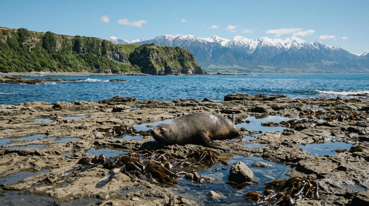 A New Zealand fur seal resting on the rocks, part of the Kaikōura wildlife visible alongside dolphins, seals and albatross