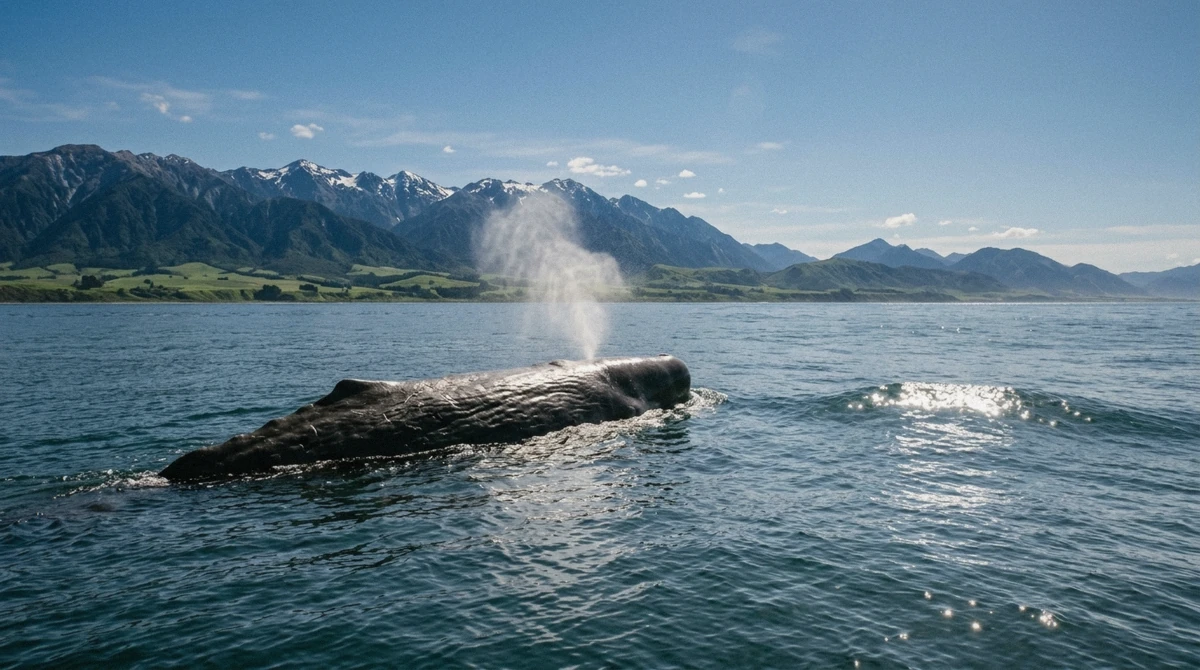 A sperm whale surfacing off Kaikōura during the Kaikōura whale watching season