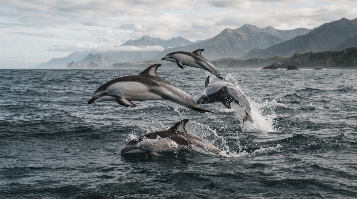 A pod of dusky dolphins in the water off Kaikōura, part of the wider Kaikōura wildlife seen alongside dolphins, seals and albatross