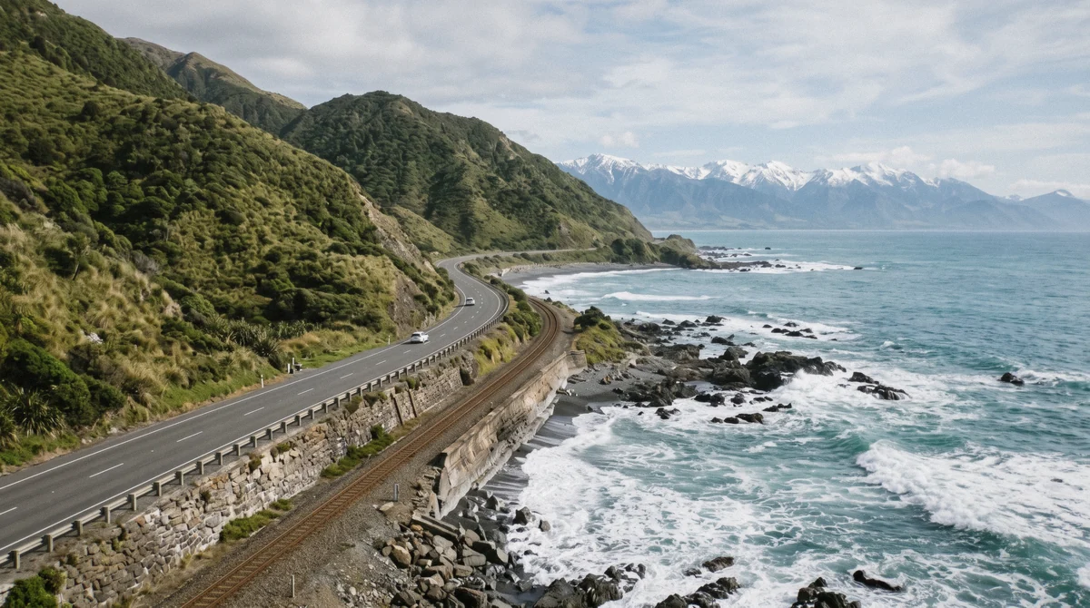 State Highway 1 hugging the Pacific coast on the kaikoura whale watching day trip from christchurch, New Zealand