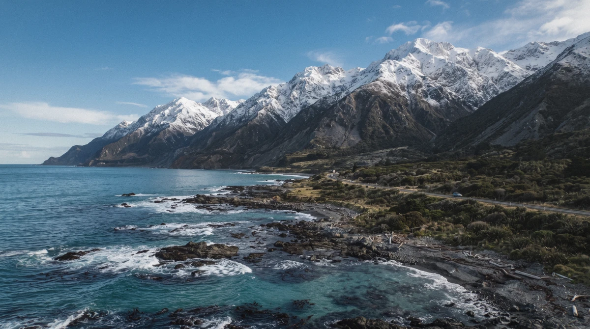 The Kaikōura coastline and Seaward Kaikōura Range in the Kaikōura whale watching season shoulder months