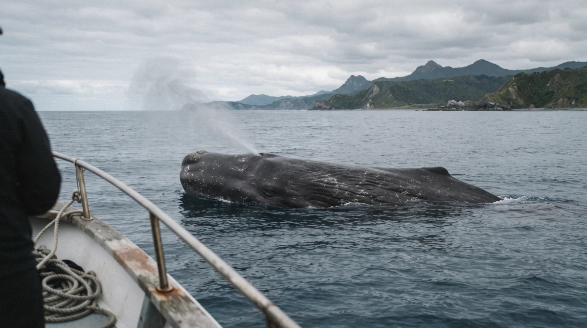 A sperm whale surfacing off Kaikōura, the sighting a Kaikōura whale watching cruise is looking for